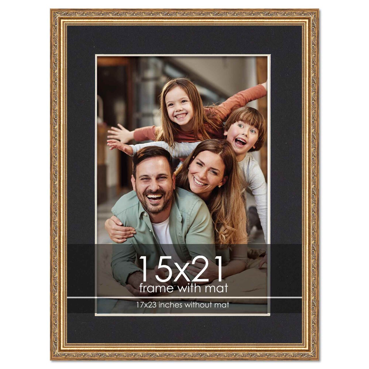 Antique Gold Frame with Black Photo Mat, UV Acrylic Front, Foam Board Backing, 60 Sizes Available